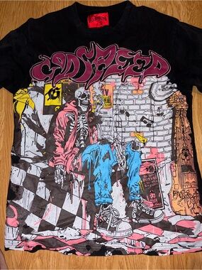 Black Graphic Skeleton Tee with Pink & Blue Street Art Print